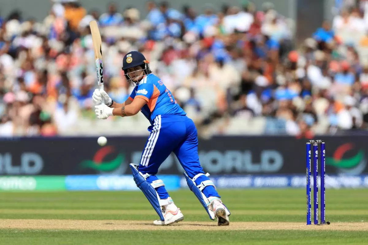 India's Shafali Verma batting during the ICC Women's T20 World Cup match between India and South Africa, at Emirates Old Trafford, Manchester, England, Sunday June 21, 2026. (Nigel French/PA via AP)