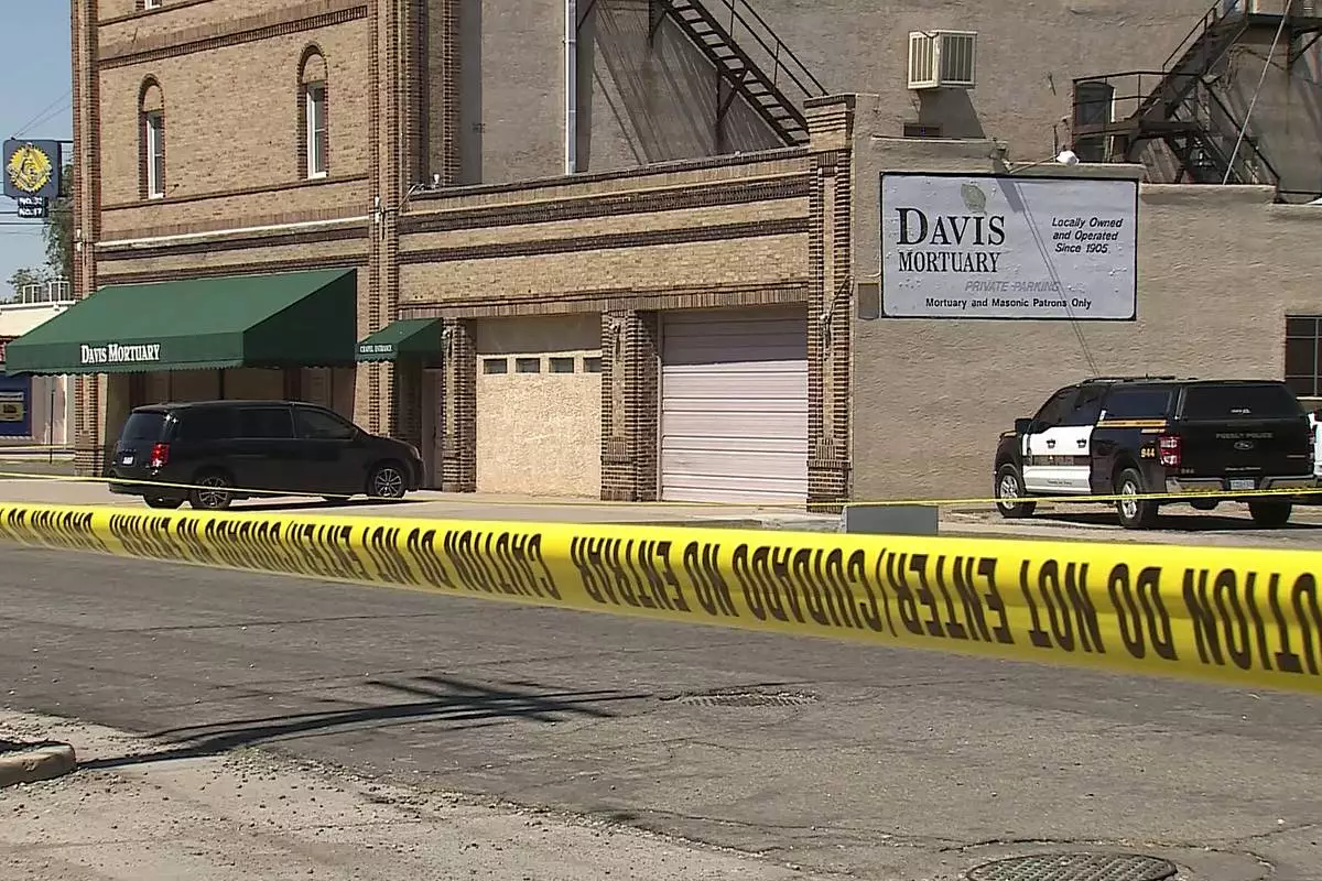 FILE - This image from video provided by KRDO13 shows Davis Mortuary in Pueblo, Colo., Aug. 21, 2025. (KRDO13 via AP, File)
