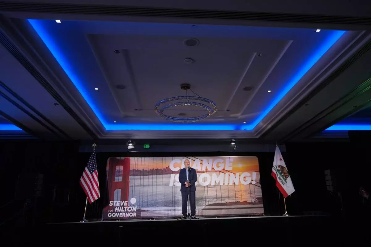 California gubernatorial candidate Steve Hilton speaks during an election night event Tuesday, June 2, 2026, in Huntington Beach, Calif. (AP Photo/Gregory Bull)