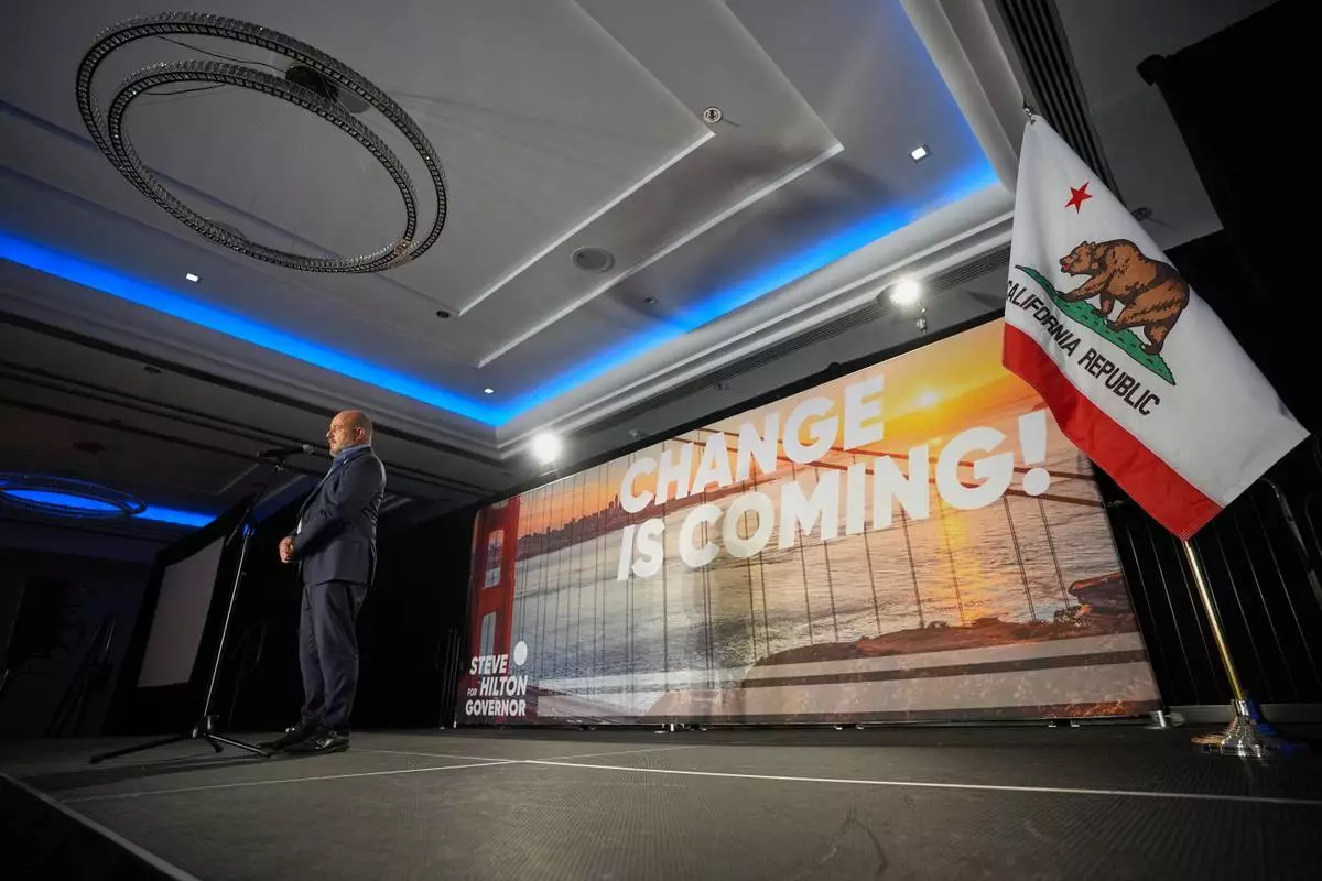 California gubernatorial candidate Steve Hilton speaks during an election night event Tuesday, June 2, 2026, in Huntington Beach, Calif. (AP Photo/Gregory Bull)