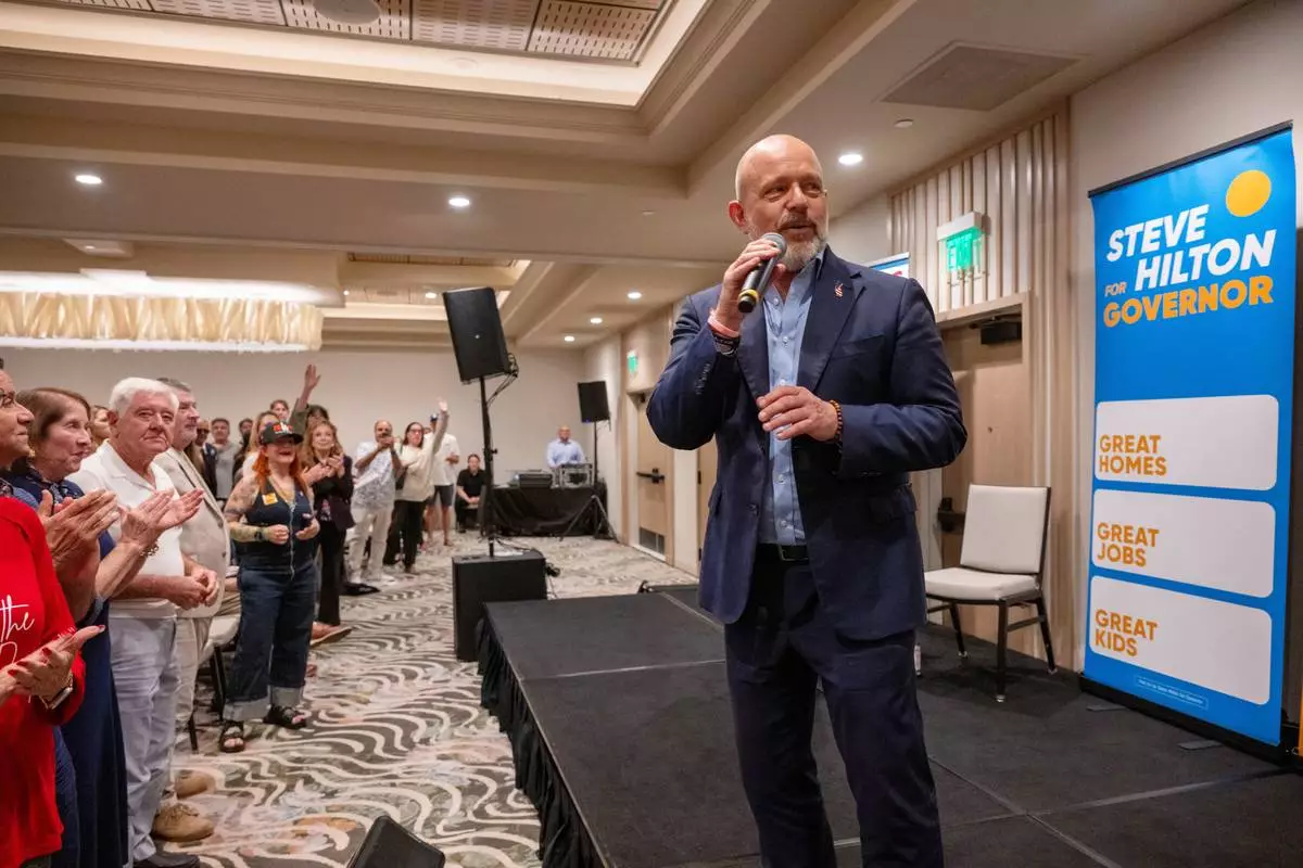 California Republican gubernatorial candidate Steve Hilton speaks during a campaign event on Sunday, May 31, 2026, in Santa Monica, Calif. (AP Photo/Benjamin Hanson)