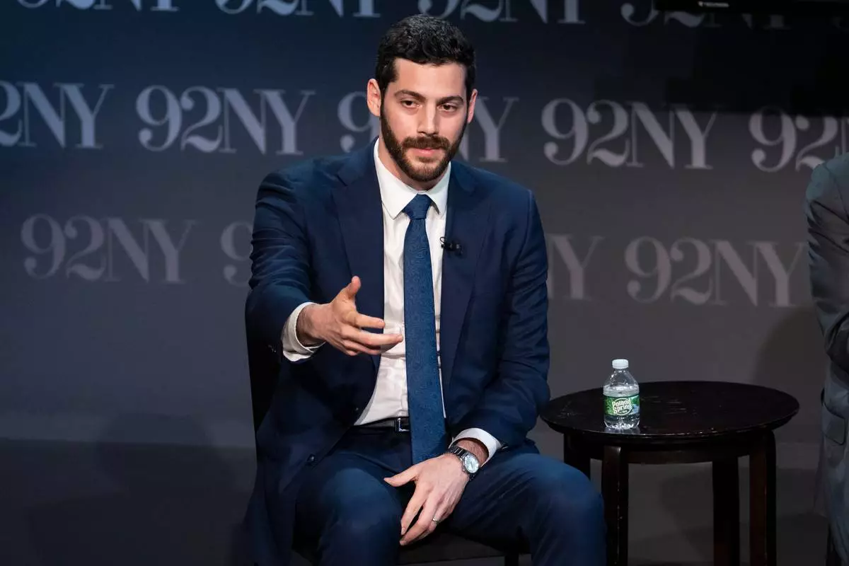 FILE - Alex Bores, democratic candidate in New York's 12th Congressional District, speaks during "NY-12 for Congress: Candidate Forum" at 92NY, April 15, 2026, in New York. (AP Photo/Yuki Iwamura, File)
