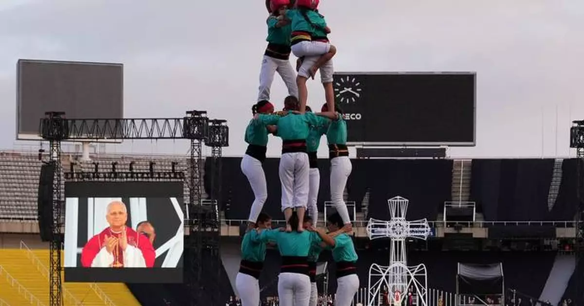Catalonia's famed human tower climbers greet Pope Leo in Barcelona