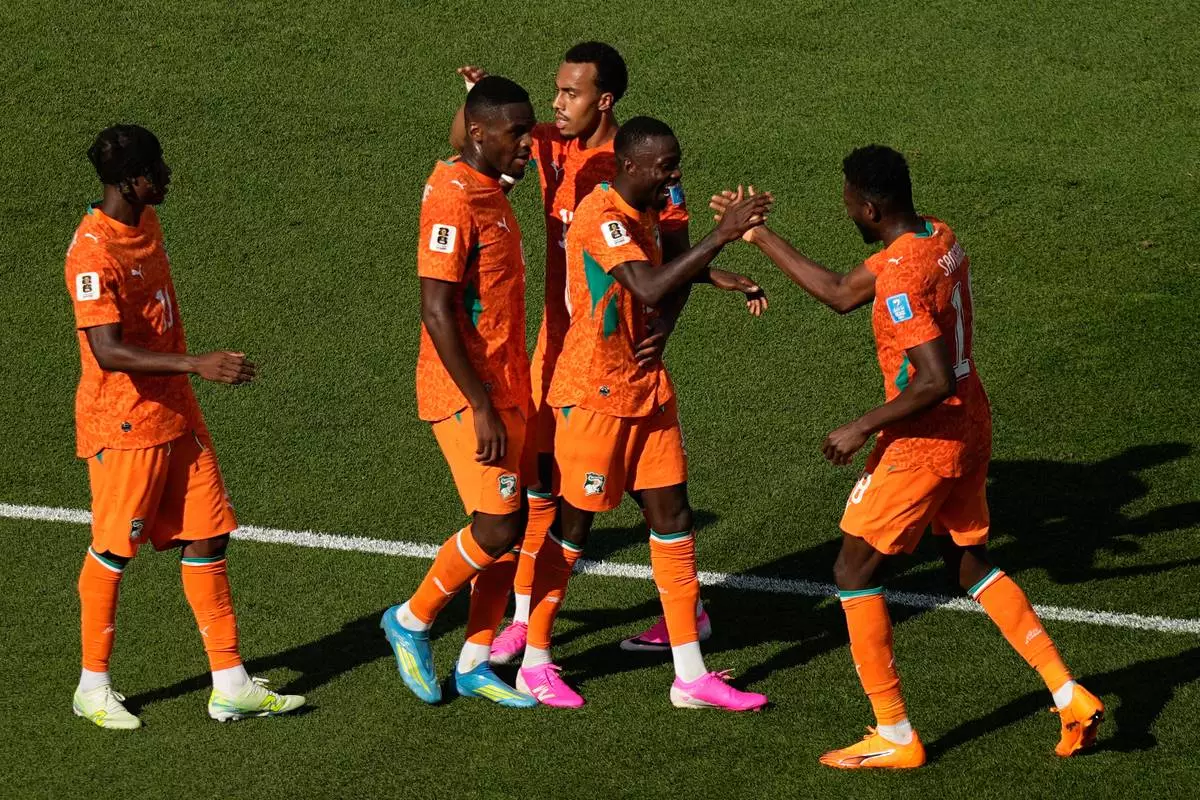 Ivory Coast's Nicolas Pepe, second from right, celebrates with teammates after scoring his side's second goal during the World Cup Group E soccer match between Curacao and Ivory Coast in Philadelphia, Thursday, June 25, 2026. (AP Photo/Matt Slocum)