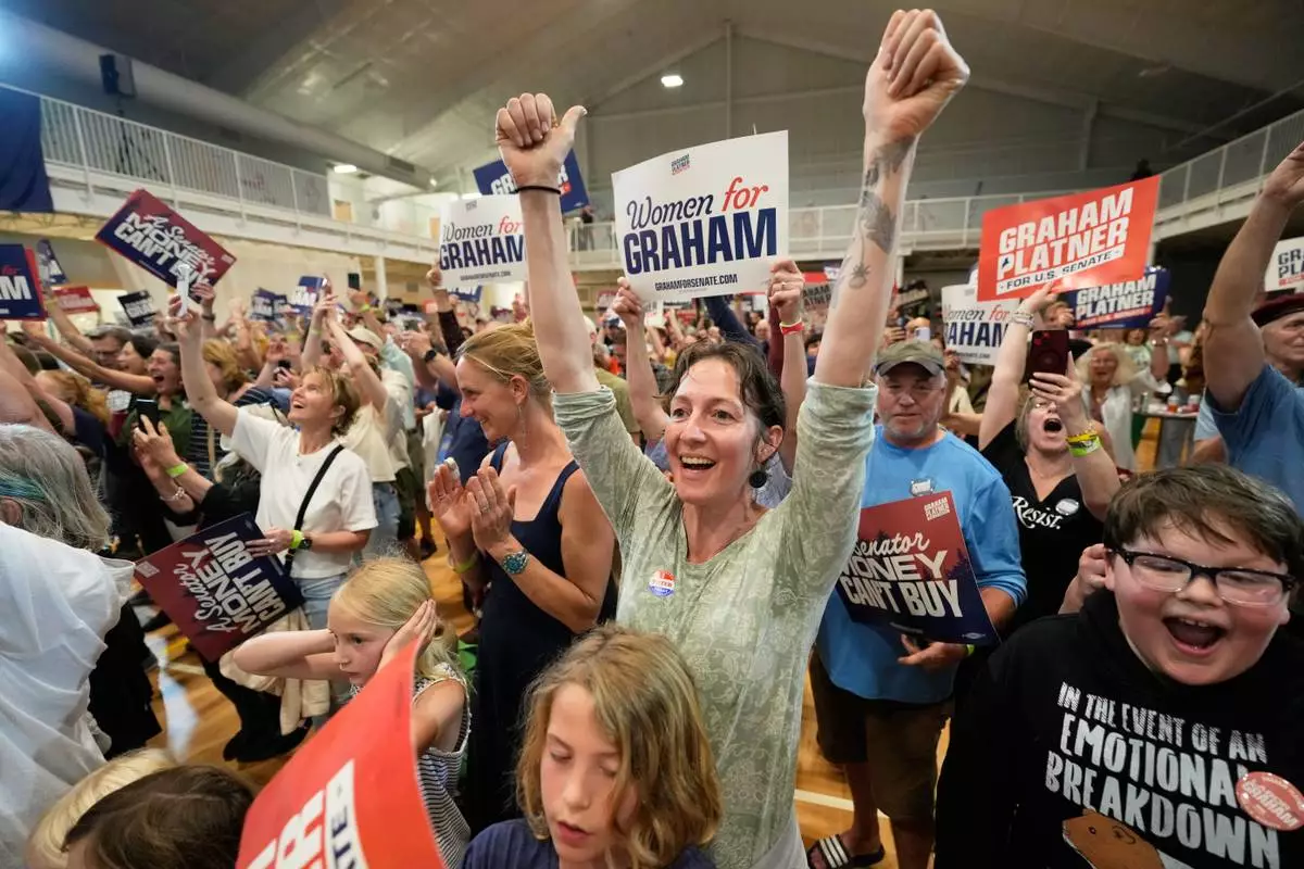 Attendees celebrate as Democratic U.S. Senate candidate Graham Platner speaks during a primary election night watch party after winning the Democratic nomination Tuesday, June 9, 2026, in Blue Hill, Maine. (AP Photo/Robert F. Bukaty)