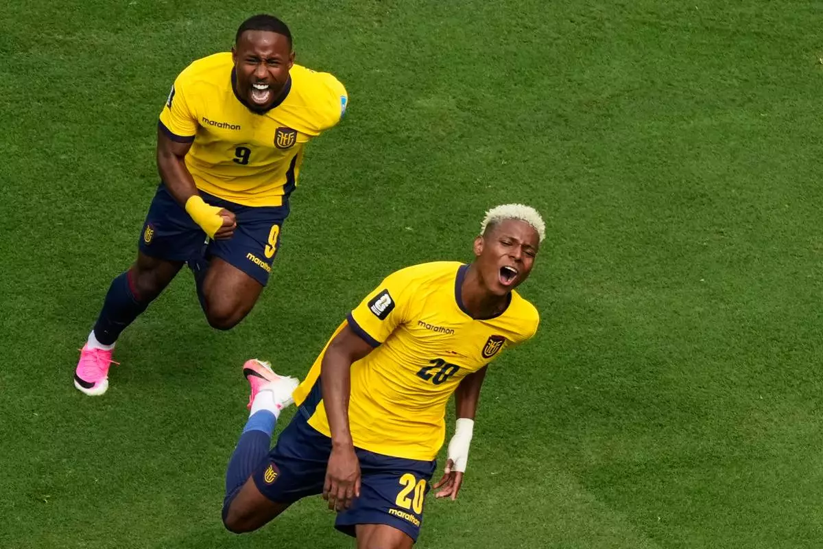 Ecuador's Nilson Angulo (20) celebrates his goal against Germany during the World Cup Group E soccer match in East Rutherford, N.J., near New York, Thursday, June 25, 2026. (AP Photo/Seth Wenig)
