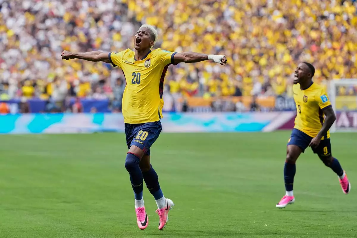 Ecuador's Nilson Angulo celebrates scoring his side's first goal during the World Cup Group E soccer match between Ecuador and Germany in East Rutherford, N.J., near New York, Thursday, June 25, 2026. (AP Photo/Frank Franklin II)