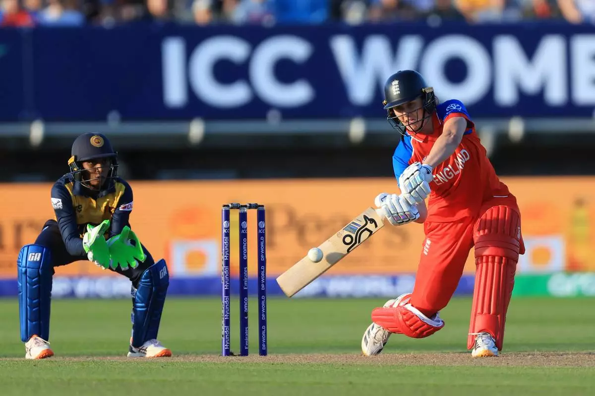 England's Nat Sciver-Brunt bats during the ICC Women's T20 World Cup, Group 2 match between England and Sri Lanka, at Edgbaston, Birmingham, England, Friday June 12, 2026. (Nigel French/PA via AP)