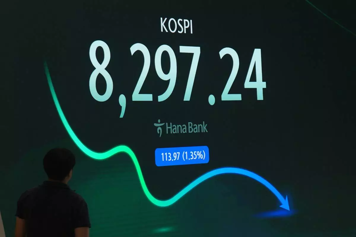 A member of media looks at the screen showing the Korea Composite Stock Price Index (KOSPI) at a dealing room of Hana Bank in Seoul, South Korea, Monday, June 29, 2026. (AP Photo/Lee Jin-man)
