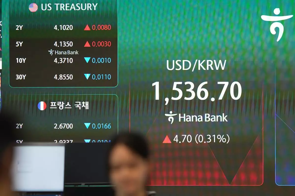 A dealer stands near the screen showing the foreign exchange rate between U.S. dollar and South Korean won at a dealing room of Hana Bank in Seoul, South Korea, Monday, June 29, 2026. (AP Photo/Lee Jin-man)