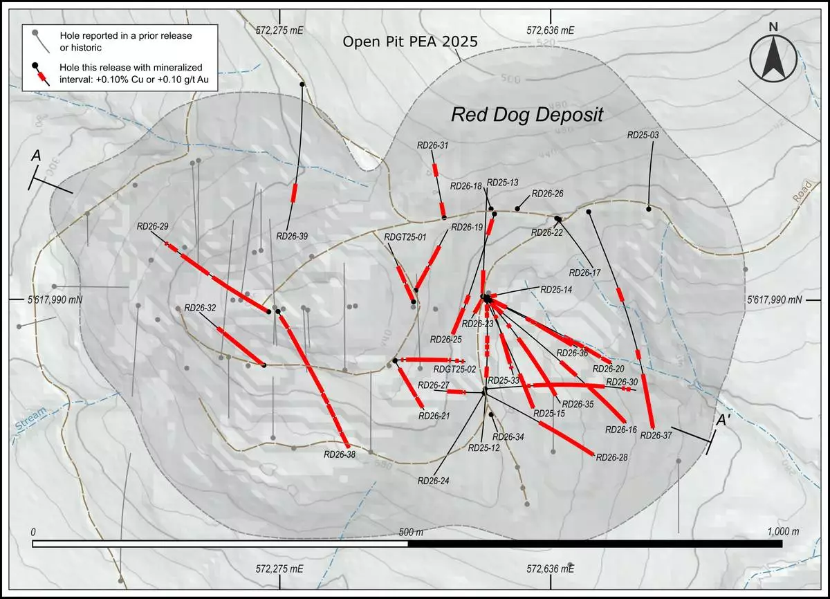 Figure 2: Red Dog Area Drilling Showing Results from This Release and Historic Holes