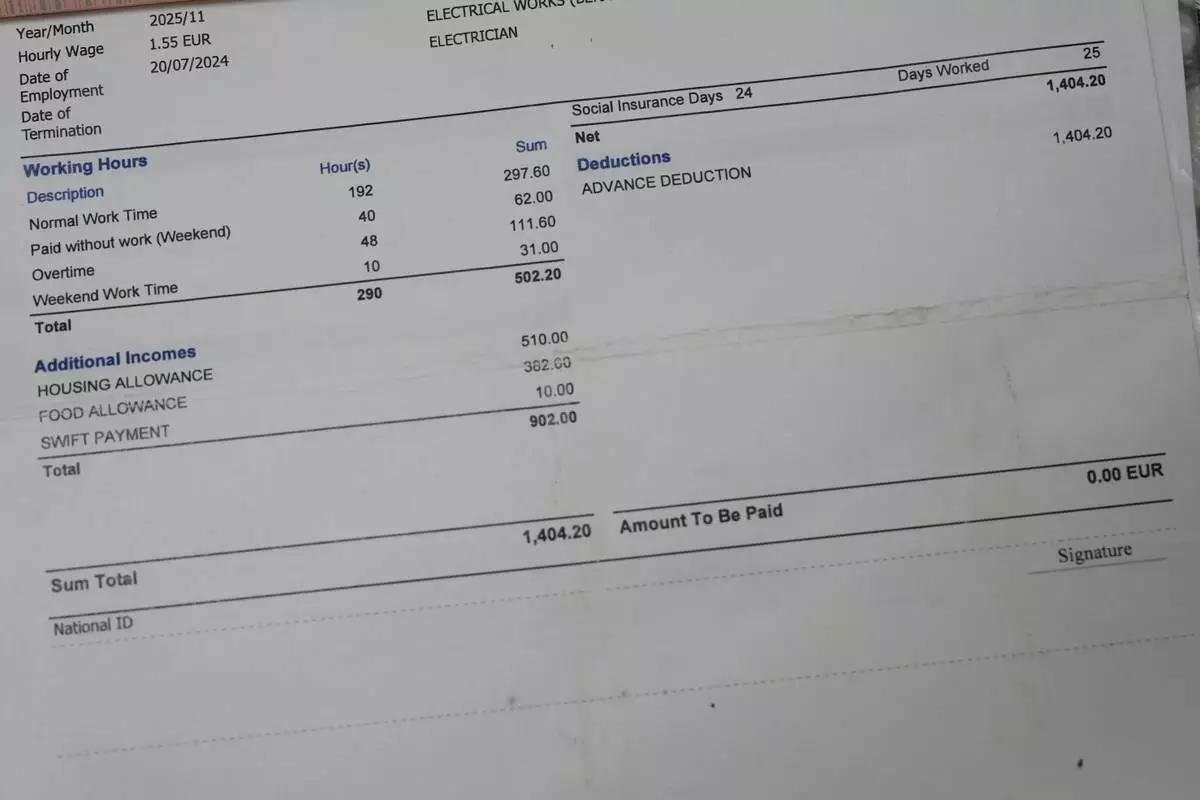 A view of the salary slip of a former Caddell company worker connected to the construction site of the new U.S. Consulate in Milan, Italy, Monday, June 8, 2026. (AP Photo/Antonio Calanni)