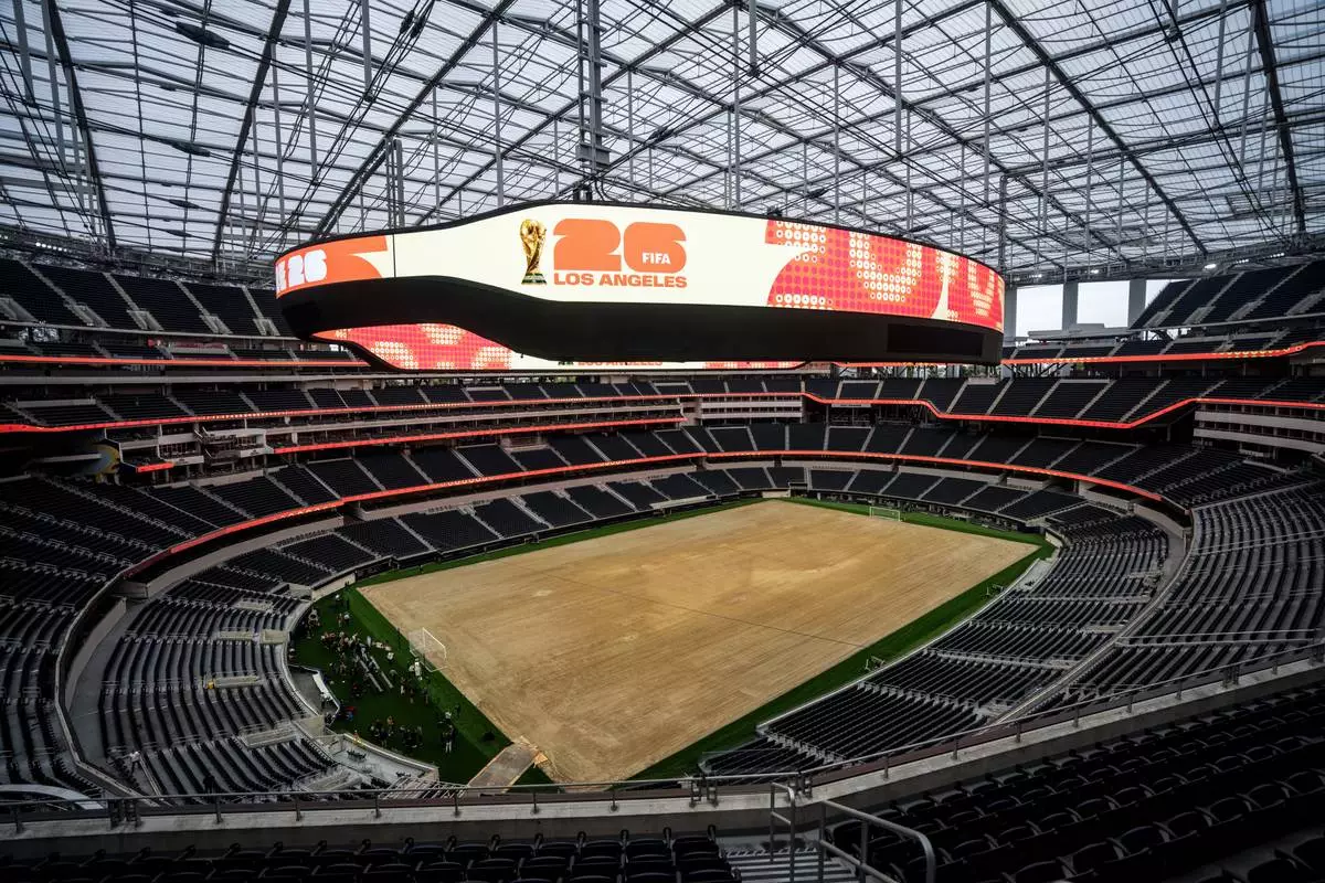 FILE - A general view shows SoFi Stadium in Inglewood, Calif., Tuesday, May 12, 2026, during a media event for the upcoming FIFA World Cup soccer tournament.. (AP Photo/Jae C. Hong,File)