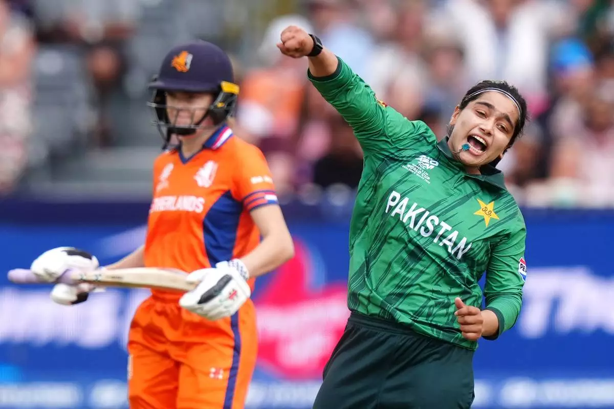Pakistan's Fatima Sana celebrates bowling out Netherlands' Silver Siegers, not pictured, during the Women's T20 World Cup cricket match between Pakistan and the Netherlands, at Bristol County Ground, in Bristol, England, Saturday June 27, 2026. (David Davies/PA via AP)