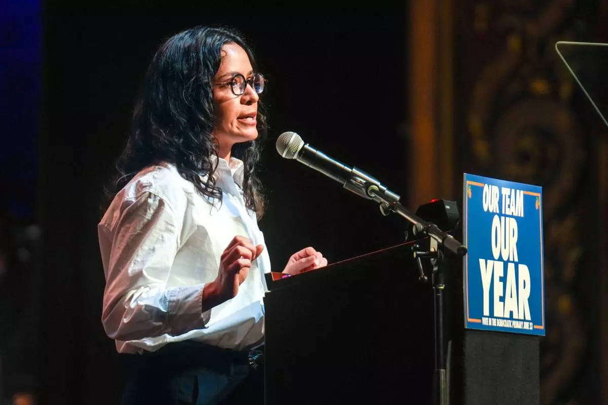 Democratic congressional candidate Claire Valdez speaks during a Get Out The Vote rally ahead of New York's primary election, Thursday, June 18, 2026, in the Brooklyn borough of New York. (AP Photo/Ryan Murphy)