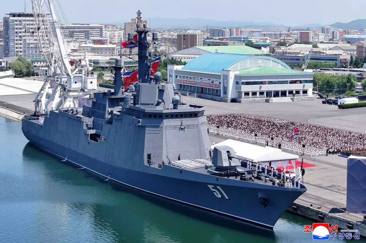 In this photo provided Wednesday, June 24, 2026, by the North Korean government, North Korean destroyer Choe Hyon is seen during its commissioning ceremony at a port in Nampo, North Korea, Tuesday, June 23, 2026. Independent journalists were not given access to cover the event depicted in this image distributed by the North Korean government. The content of this image is as provided and cannot be independently verified. Korean language watermark on image as provided by source reads: "KCNA" which is the abbreviation for Korean Central News Agency. (Korean Central News Agency/Korea News Service via AP)
