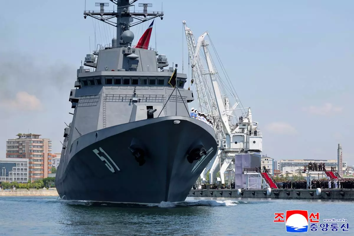 In this photo provided Wednesday, June 24, 2026, by the North Korean government, North Korean destroyer Choe Hyon leaves the port following a commissioning ceremony in Nampo Tuesday, June 23, 2026. Independent journalists were not given access to cover the event depicted in this image distributed by the North Korean government. The content of this image is as provided and cannot be independently verified. Korean language watermark on image as provided by source reads: "KCNA" which is the abbreviation for Korean Central News Agency. (Korean Central News Agency/Korea News Service via AP)