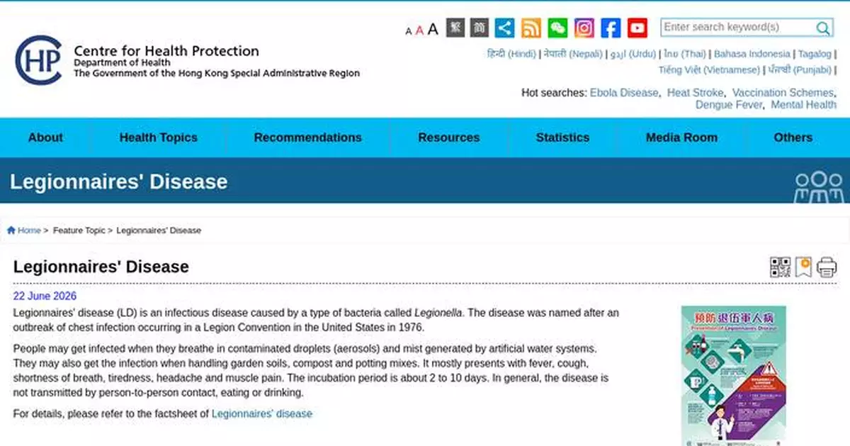 Five New Legionnaires' Disease Cases Reported, Public Urged to Maintain Water Systems