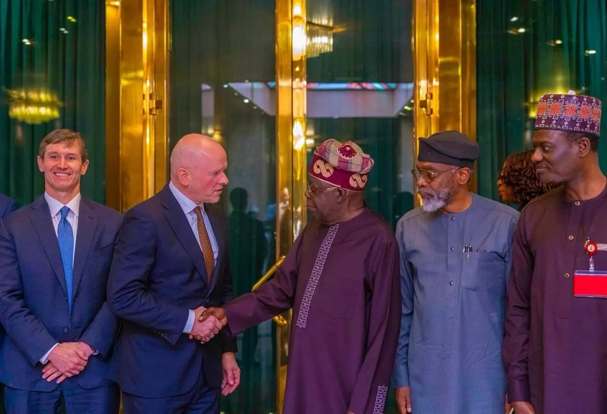L-R: Mastercard Chief Government Affairs and Policy Officer, Tucker Foote, Global Chief Executive Officer, Michael Miebach, President Bola Tinubu, Chief of Staff to the President, Femi Gbajabiamila and Minister for Finance and Coordinating Minister of the Economy, Taiwo Oyedele during the visit of the Mastercard Global Team to President Tinubu at the State House on Tuesday, June 23, 2026. (Photo: AETOSWire)