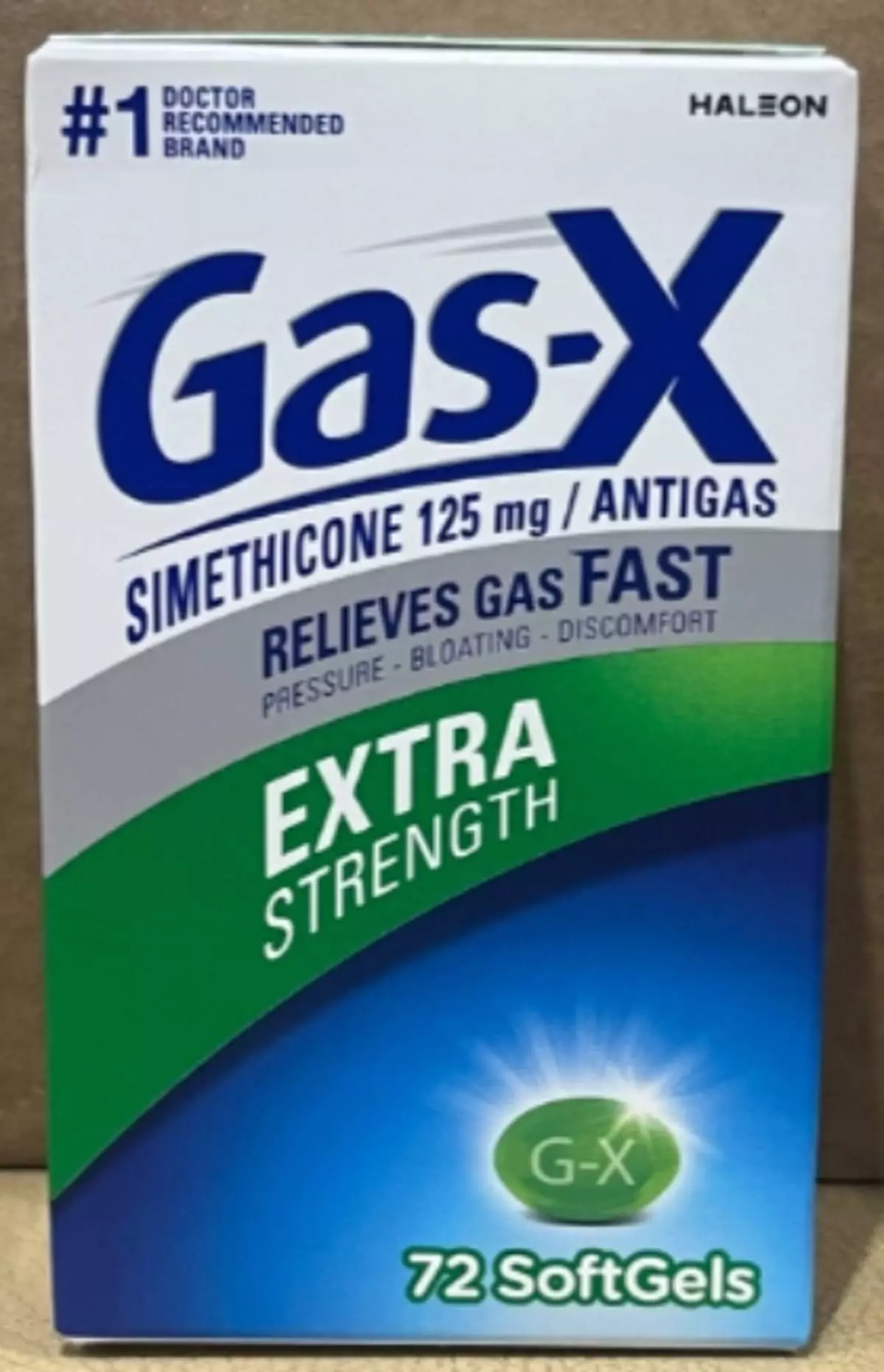 Gas-X Extra Strength Softgels, 125mg (72ct.) Front of Carton