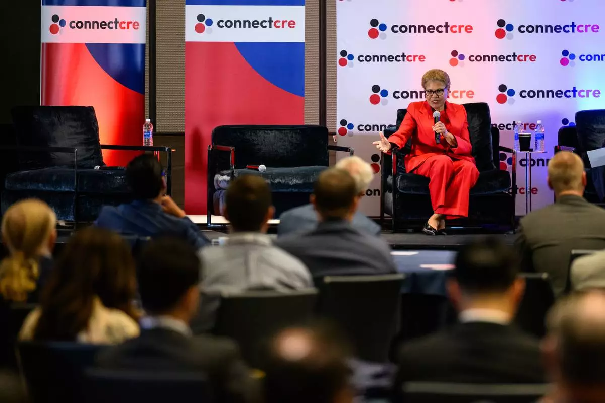 Mayor Karen Bass speaks at the Connect Los Angeles Conference on Thursday, May 28, 2026, in Los Angeles. (AP Photo/William Liang)