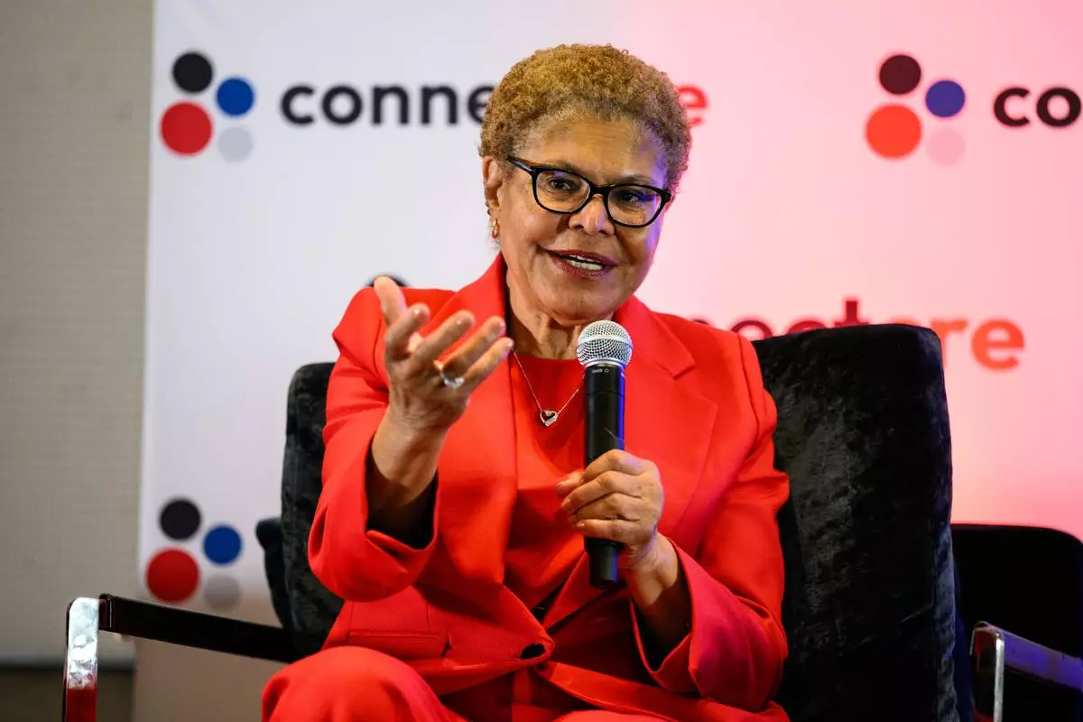 Los Angeles Mayor Karen Bass speaks at the Connect Los Angeles Conference on Thursday, May 28, 2026, in Los Angeles. (AP Photo/William Liang)