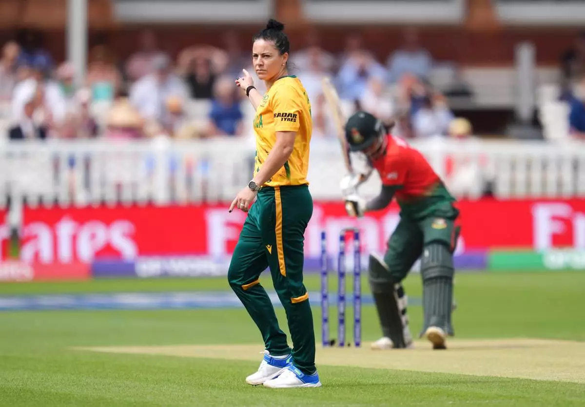 South Africa's Marizanne Kapp reacts to bowling out Bangladesh's Juairiya Ferdous during the Women's T20 World Cup cricket match between Bangladesh and South Africa at Lord's Cricket Ground, in London, Sunday June 28, 2026. (Adam Davy/PA via AP)