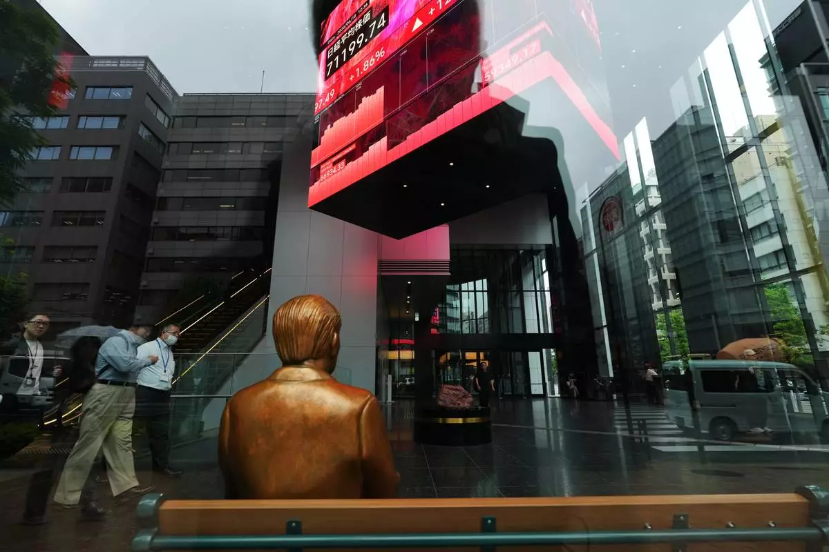 A statue is placed on a bench near monitors showing Japan's Nikkei 225 index, hanging in a business building in Tokyo, Thursday, June 18, 2026. (AP Photo/Hiro Komae)