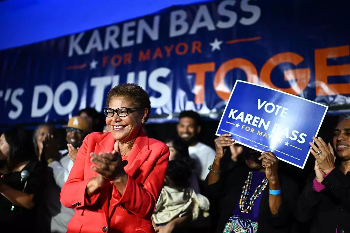 Los Angeles Mayor Karen Bass speaks during an election night event Tuesday, June 2, 2026, in Los Angeles. (AP Photo/William Liang)