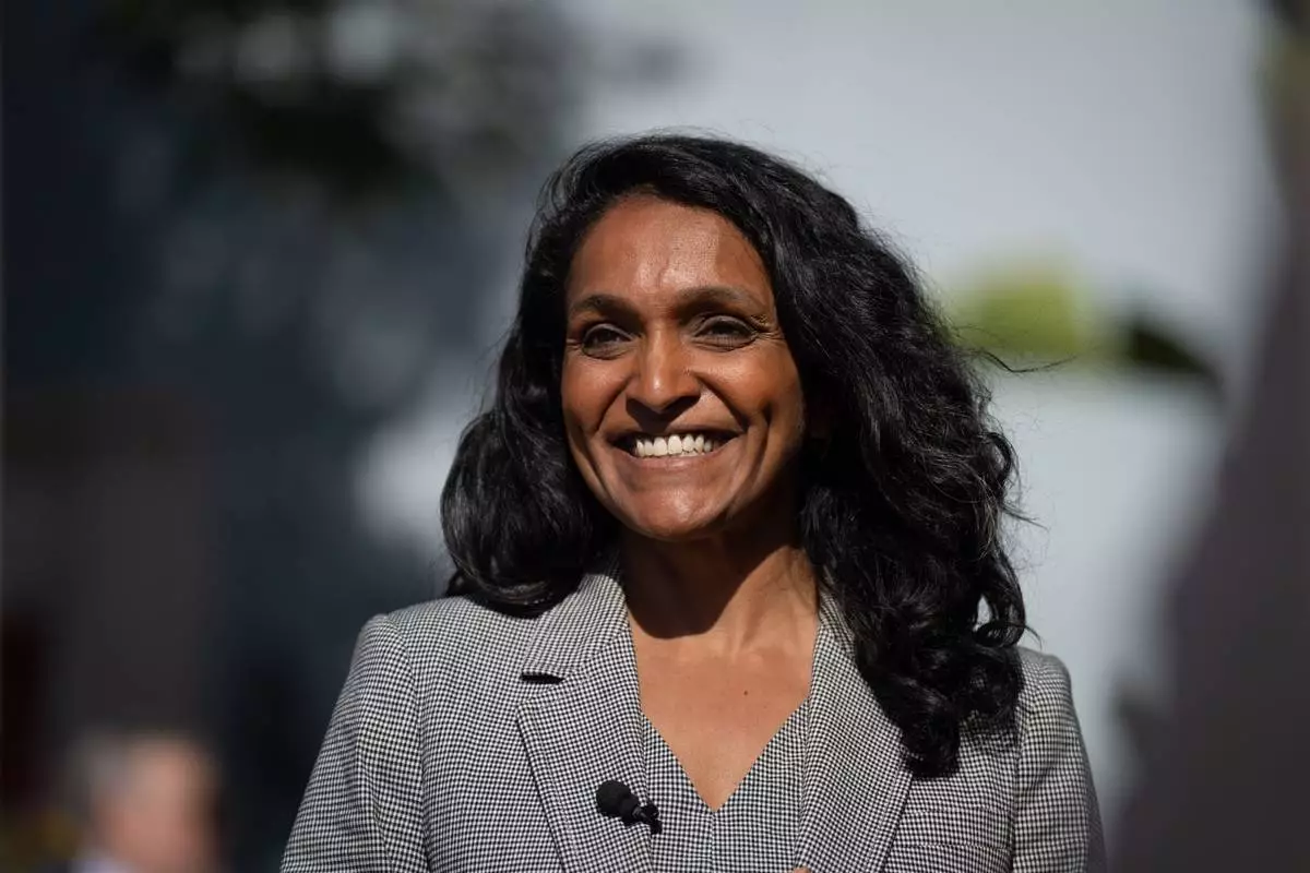 Nithya Raman, a candidate in the Los Angeles mayoral race, smiles during a campaign event discussing tenant protections with renters in Los Angeles, Monday, June 1, 2026. (AP Photo/Jae C. Hong)