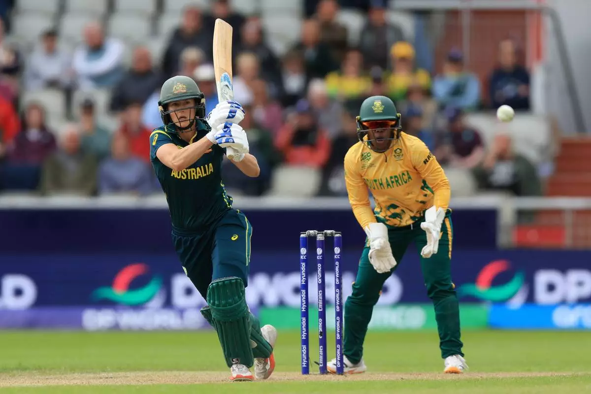 Australia's Ellyse Perry bats during the Women's T20 World Cup match between Australia and South Africa at Old Trafford, Manchester, England, Saturday June 13, 2026. (Nigel French/PA via AP)