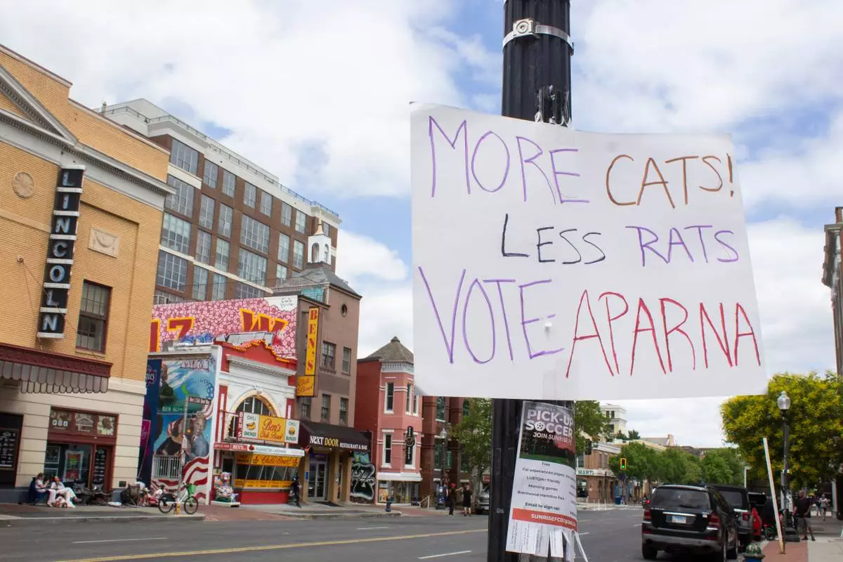 A hand-made campaign sign is posted outside the Lincoln Theatre and Ben’s Chili Bowl in the U Street Corridor of Washington, Sunday, June 7, 2026. (AP Photo/Tallulah Brown Van Zee)