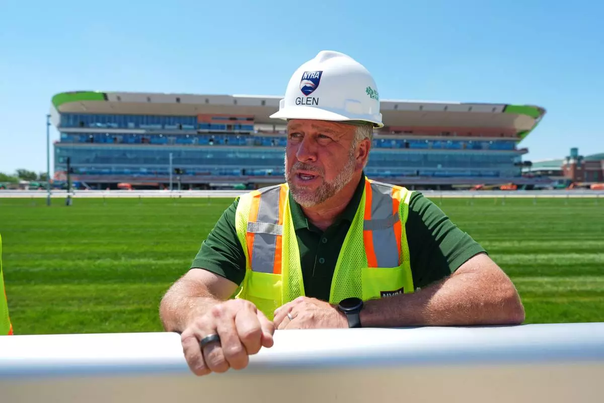 New York Racing Association's Executive Vice President of Operations Glen Kozak responds to questions during a news interview at Belmont Park Tuesday, May 19, 2026, in Elmont, N.Y. (AP Photo/Frank Franklin II)
