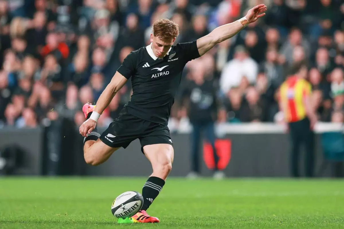 New Zealand's Ruben Love kicks a conversion during the Nations Championship rugby international between the All Blacks and France in Christchurch New Zealand, Saturday, July 4, 2026. (Craig Butland/Photosport via AP)