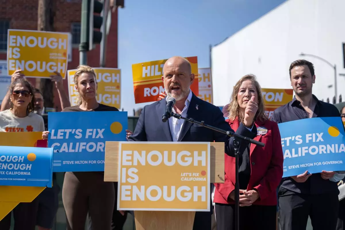 California Republican gubernatorial candidate Steve Hilton speaks during a campaign event on Wednesday, July 22, 2026, in Los Angeles. (AP Photo/Ethan Swope)
