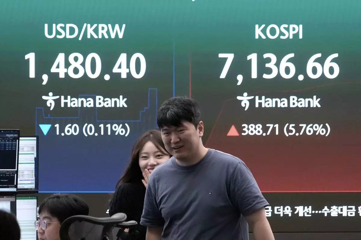 Currency traders walk by a screen showing the Korea Composite Stock Price Index (KOSPI) and the foreign exchange rate between U.S. dollar and South Korean won at the foreign exchange dealing room of the Hana Bank headquarters in Seoul, South Korea, Wednesday, July 22, 2026. (AP Photo/Ahn Young-joon)