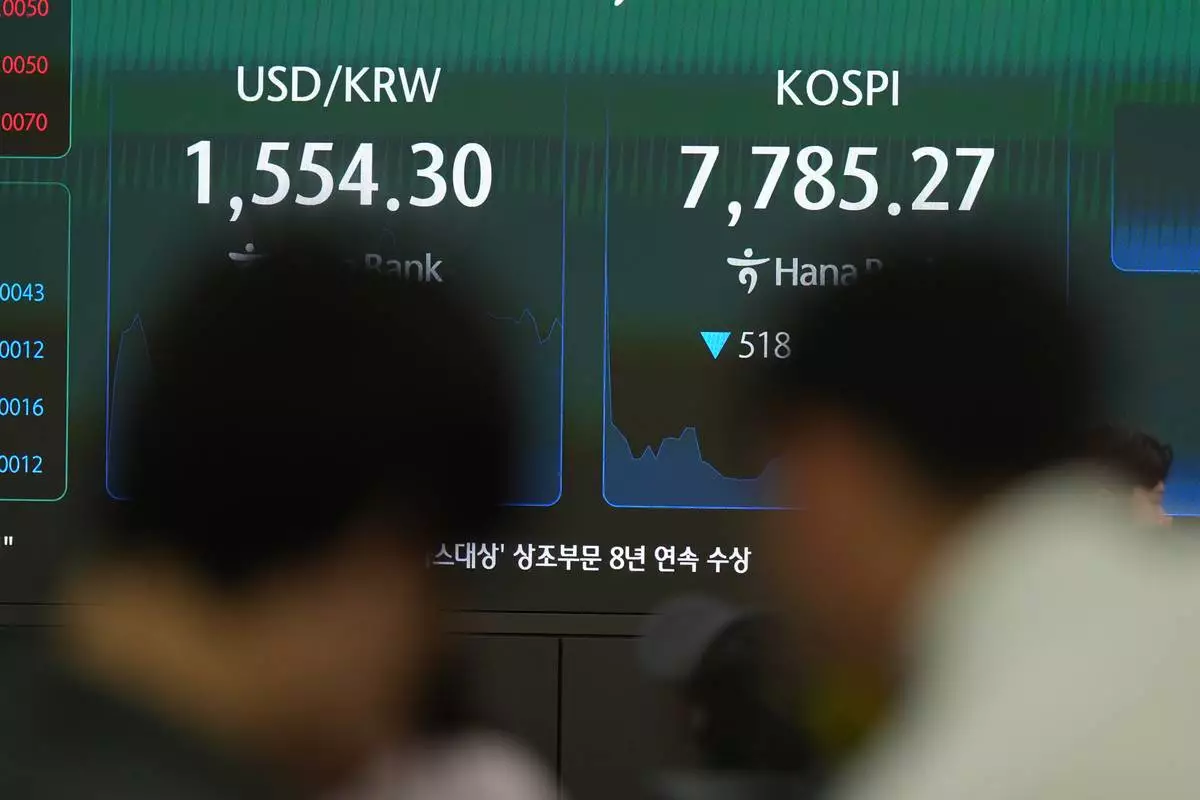 Members of media film near the screens showing the Korea Composite Stock Price Index (KOSPI) and the foreign exchange rate between U.S. dollar and South Korean won at a dealing room of Hana Bank in Seoul, South Korea, Thursday, July 2, 2026. (AP Photo/Lee Jin-man)