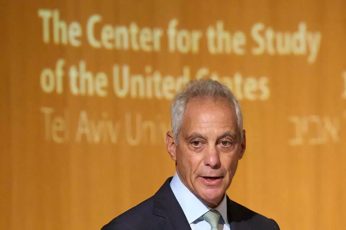 Rahm Emanuel, a potential Democratic presidential candidate and longtime defender of Israel speaks in Tel Aviv University, Israel , Wednesday, July 8, 2026. (AP Photo/Ariel Schalit)