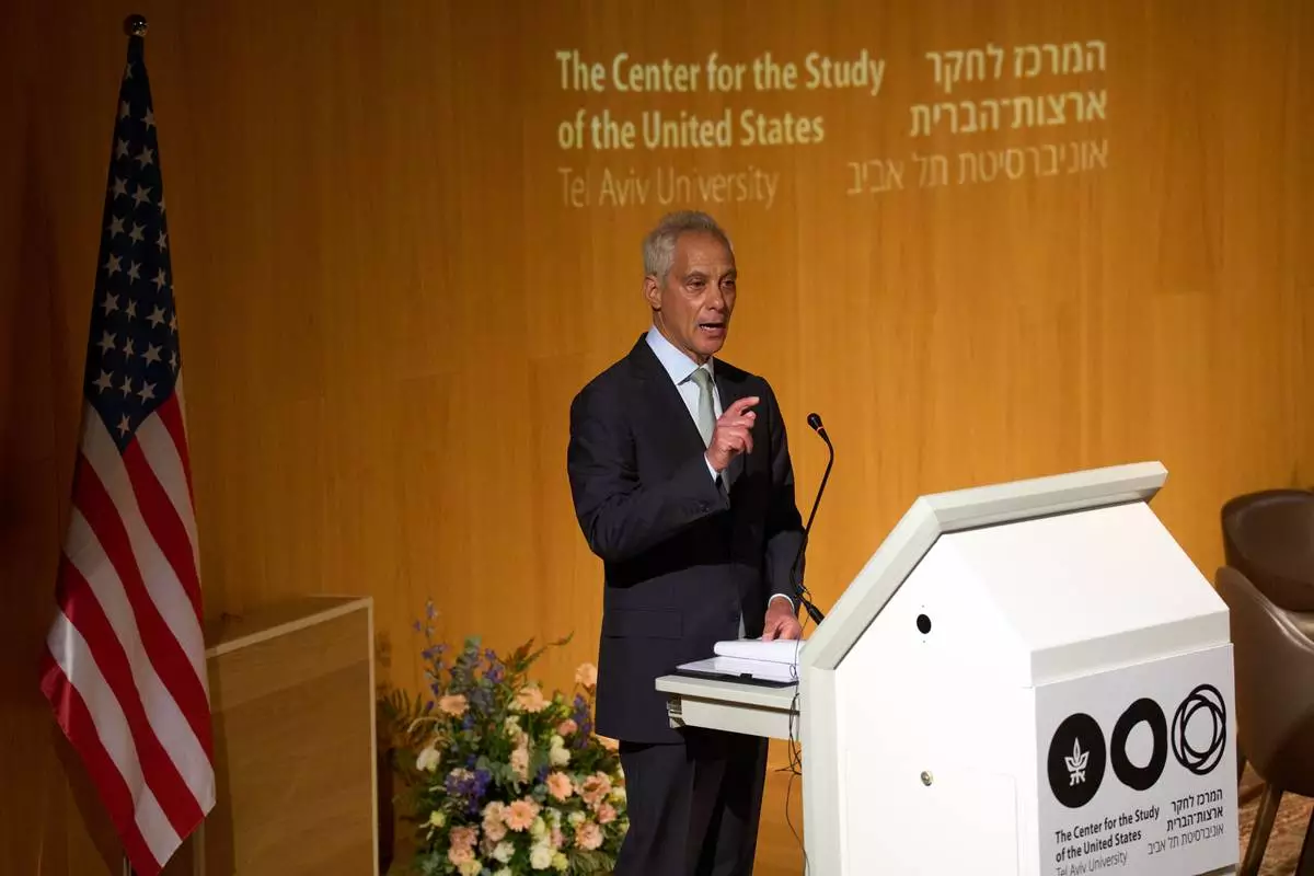 Rahm Emanuel, a potential Democratic presidential candidate and longtime defender of Israel speaks in Tel Aviv University, Israel , Wednesday, July 8, 2026. (AP Photo/Ariel Schalit)
