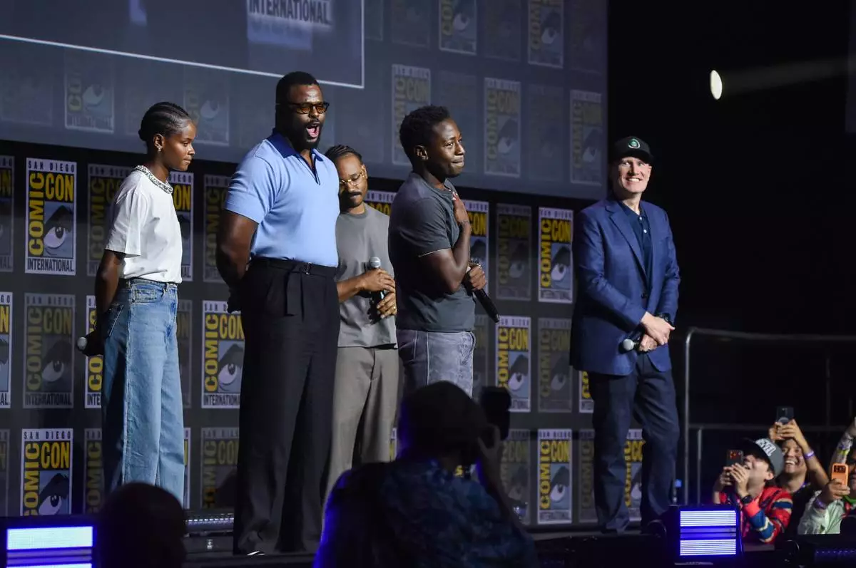 Letitia Wright, from left, Winston Duke, Ryan Coogler, David Jonsson, and Kevin Feige attend a panel for Marvel Studios during Comic-Con International on Saturday, July 25, 2026, in San Diego. (Photo by Richard Shotwell/Invision/AP)