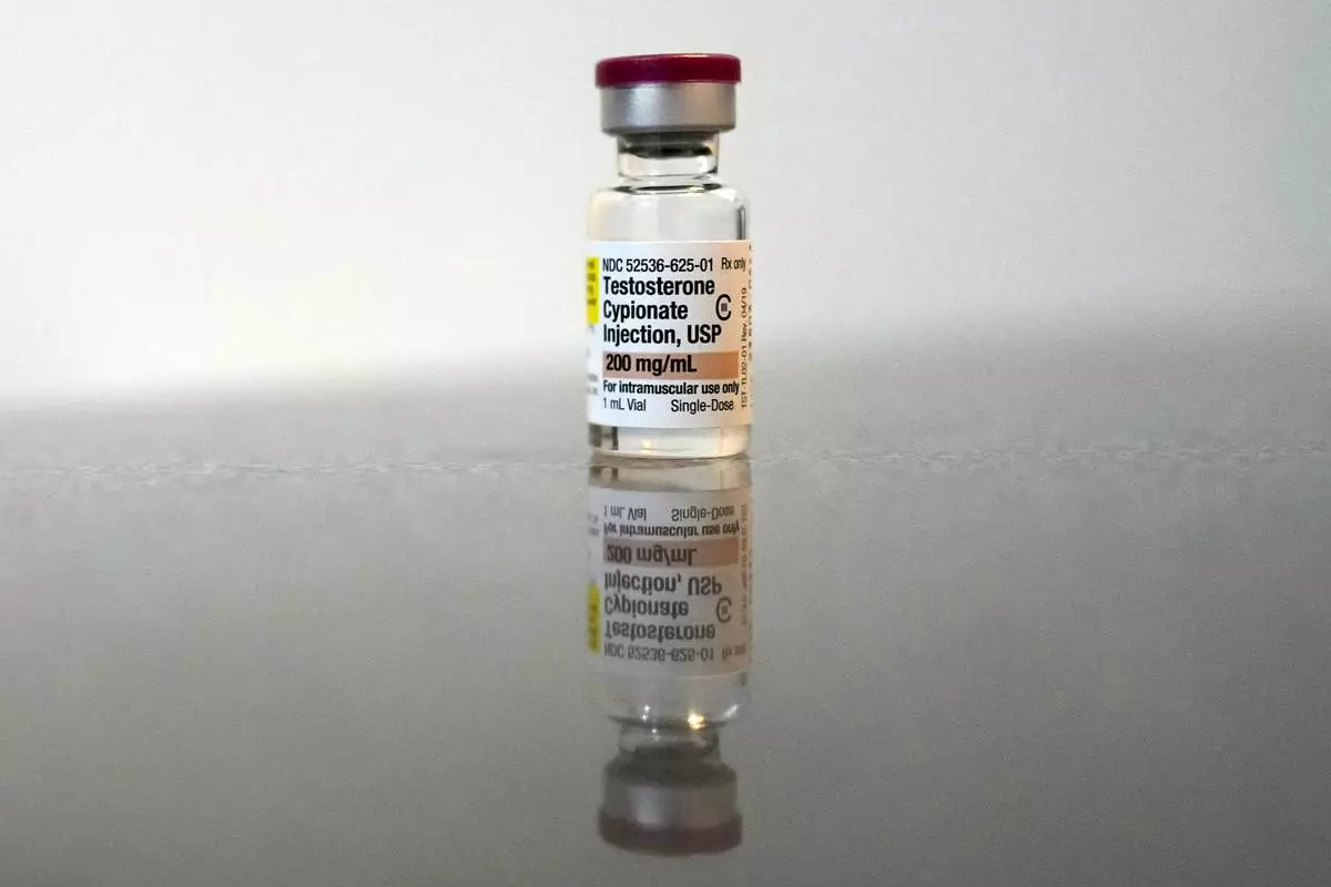 FILE - A vial of testosterone cypionate in Columbus, Ohio, on Jan. 18, 2024. (AP Photo/Carolyn Kaster, File)