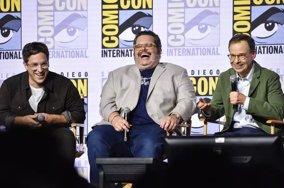 Josh Greenbaum, from left, Josh Gad, and Rick Moranis attend a panel for "Spaceballs: The New One" during Comic-Con International on Friday, July 24, 2026, in San Diego. (Photo by Richard Shotwell/Invision/AP)