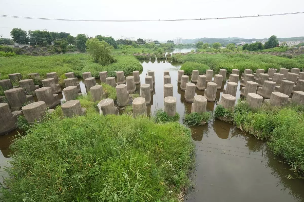 Anti-tank barriers are placed in a stream in Goyang, South Korea, Thursday, July 2, 2026. (AP Photo/Lee Jin-man)
