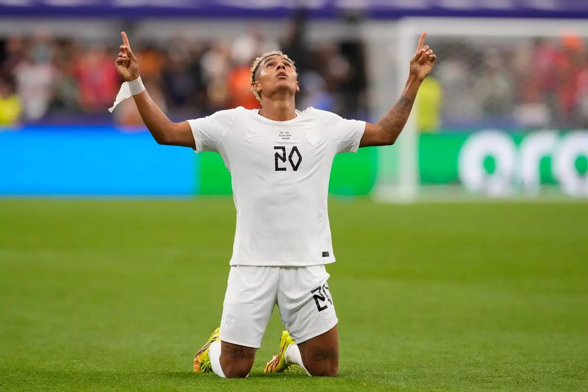 Norway's Antonio Nusa (20) celebrates after scoring the opening goal of his team during the World Cup round of 32 soccer match between Ivory Coast and Norway in Arlington, Texas, near Dallas, Tuesday, June 30, 2026.(AP Photo/Tony Gutierrez)