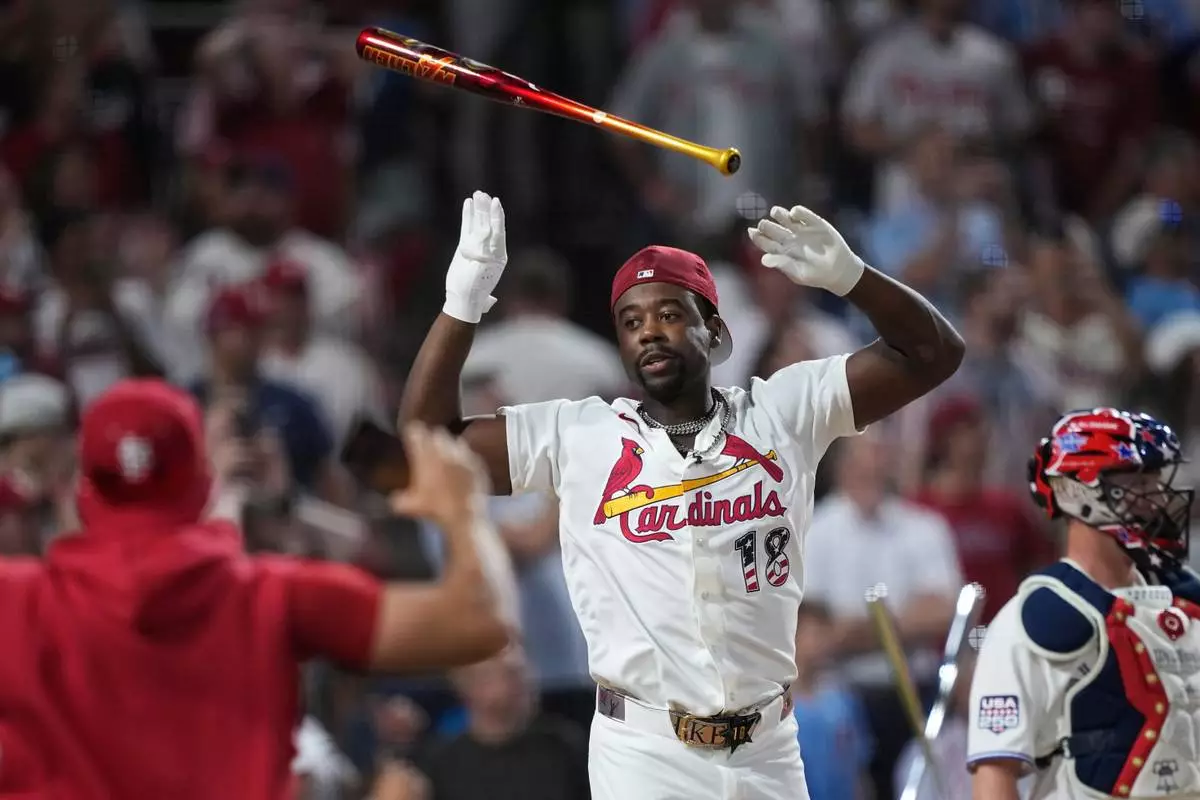 St. Louis Cardinals' Jordan Walker tosses his bat as he competes during the MLB baseball All-Star Home Run Derby, Monday, July 13, 2026, in Philadelphia. (AP Photo/Matt Slocum)