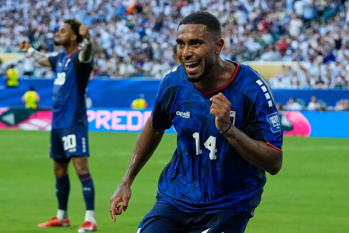 Cape Verde's Deroy Duarte celebrates after scoring his side's opening goal against Argentina during the World Cup round of 32 soccer match in Miami Gardens, Fla., Friday, July 3, 2026. (AP Photo/Lynne Sladky)