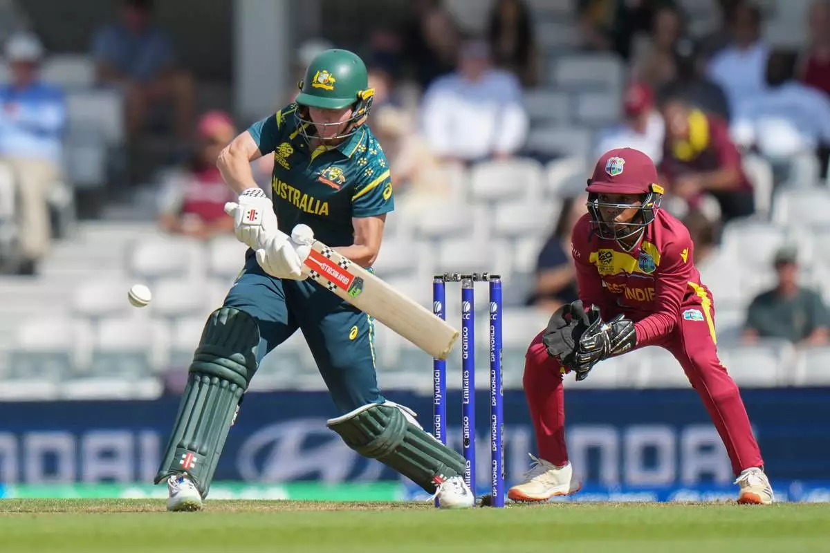 Australia's Beth Mooney plays a shot during the Women's T20 Cricket World Cup semifinal between Australia and West Indies in London, Tuesday, June 30, 2026. (AP Photo/Alastair Grant)