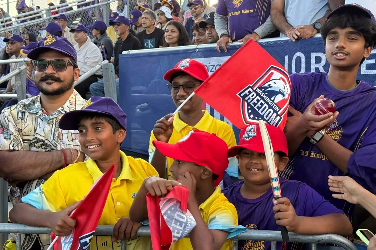 Young cricket fans watch the LA Knight Riders' first home game at the team's new stadium in Pomona, Calif., Wednesday, July 1, 2026. (AP Photo/Deepa Bharath)