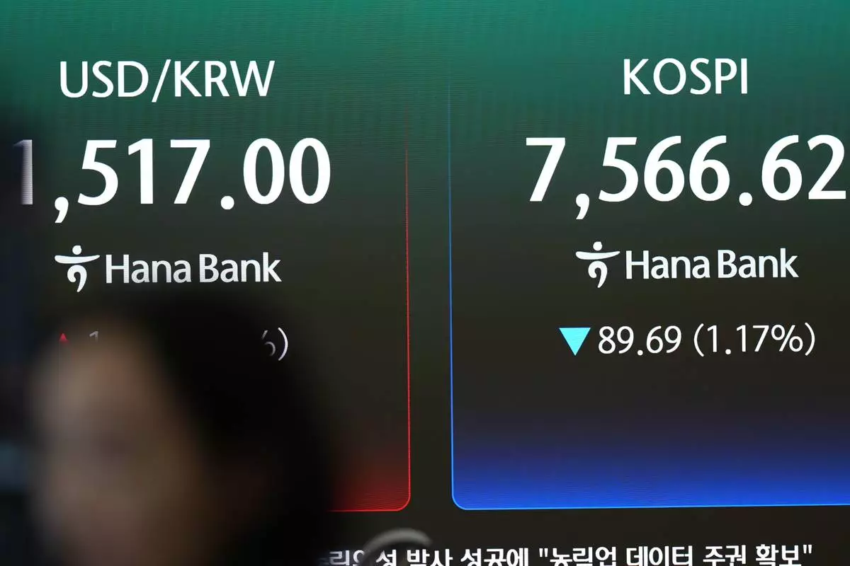 A dealer watches computer monitors near the screens showing the Korea Composite Stock Price Index (KOSPI) and the foreign exchange rate between U.S. dollar and South Korean won at a dealing room of Hana Bank in Seoul, South Korea, Wednesday, July 8, 2026. (AP Photo/Lee Jin-man)