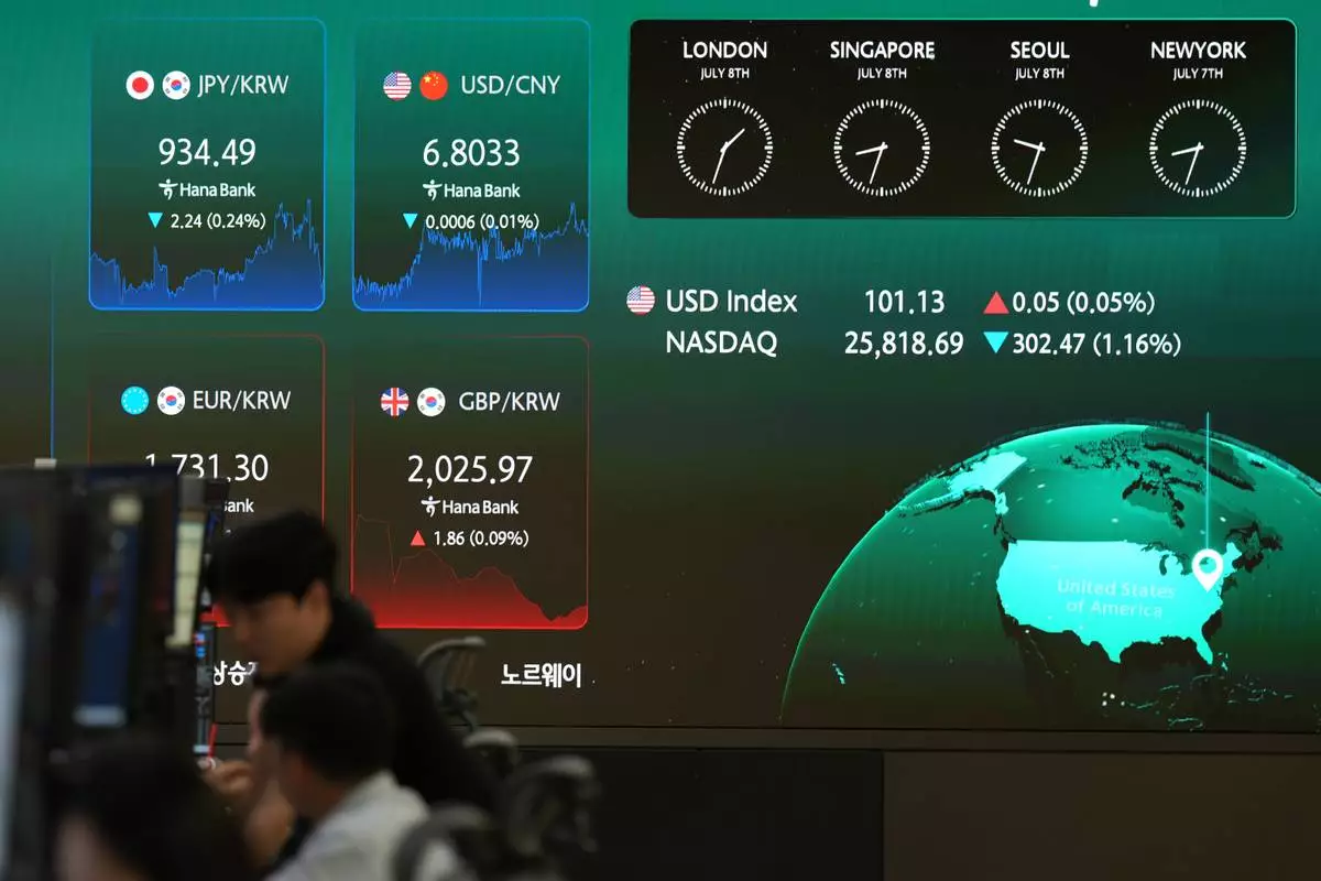 Dealers talk near the screens showing foreign exchange rates at a dealing room of Hana Bank in Seoul, South Korea, Wednesday, July 8, 2026. (AP Photo/Lee Jin-man)